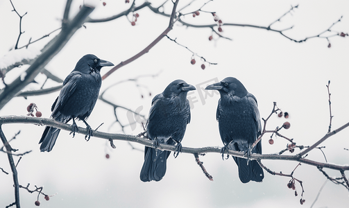 三只乌鸦坐在树枝上