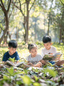 户外读书摄影照片_三个孩子在公园里读书