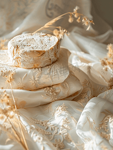 浅色花卉摄影照片_面包放在刺绣面包婚礼蛋糕上特写在浅色背景中