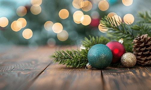 金色松枝摄影照片_木桌上的圣诞树松枝背景上装饰着彩色球