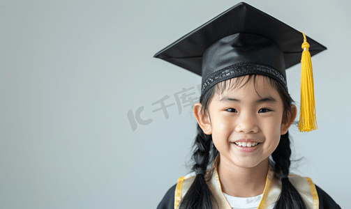 快乐的亚洲学校孩子毕业戴着毕业帽