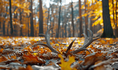 森林里地上落叶上的鹿角
