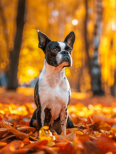 红黄色祥云摄影照片_波士顿梗犬在秋天美丽的红黄色公园里