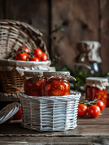 木制背景中白色柳条篮中的玻璃罐中保存的自制西红柿