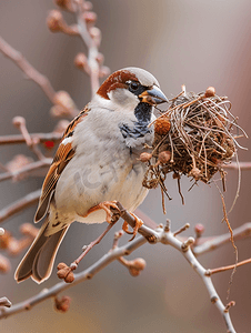 雄性麻雀在早春收集筑巢材料