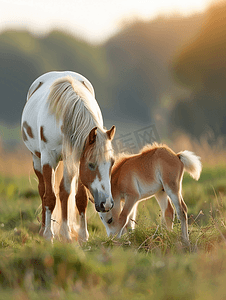 田野里吃草的迷你马母马和她的小马驹