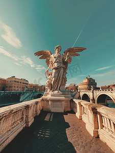 天使雕塑摄影照片_在罗马圣天使桥上的雕像拍照