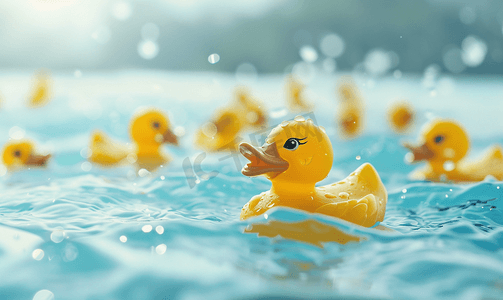 镜子花边摄影照片_黄色塑料鸭子在水里游泳