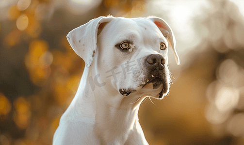 不同品种摄影照片_公园里不同颜色眼睛的白色拳击手狗的肖像