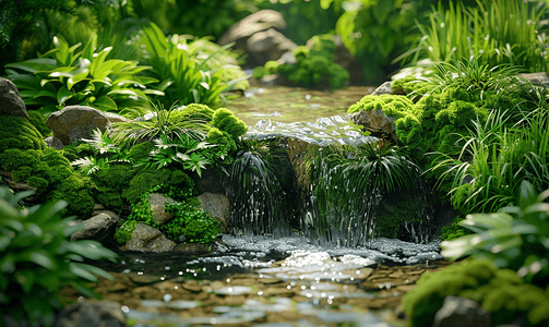 绿色苔藓和植物的山溪和岩石风景