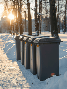 回收垃圾箱摄影照片_冬季户外灰色垃圾桶垃圾箱