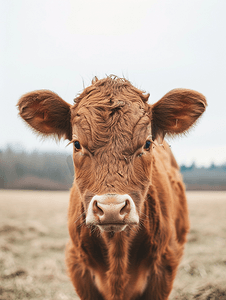 红色小五角星摄影照片_农场牧场里可爱的棕色毛茸茸的奶牛