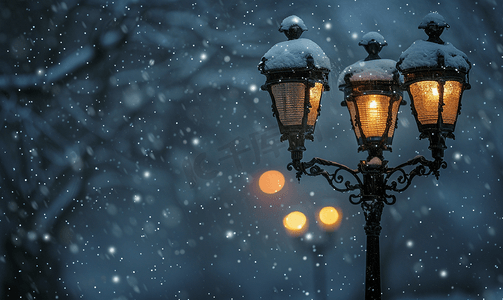 光与雪暴风雪中黑暗中的灯带两盏灯的灯杆