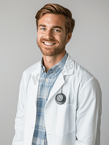 医疗保健 职业医学微笑的男医生穿着白大褂白色背景