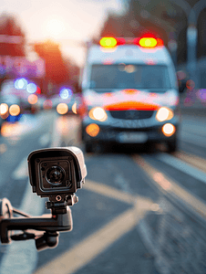 道路上带救护车的汽车闭路电视摄像机录像机