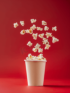 看电影概念的小吃甜爆米花从红色背景的纸杯中飘出