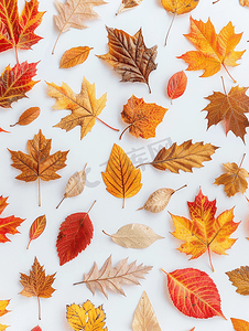白色背景秋季假期设计中的秋叶图案头顶平躺