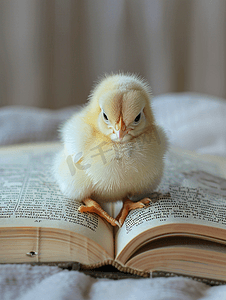 外语教育摄影照片_一只小黄嘴鸡坐在一本打开的外语词典上