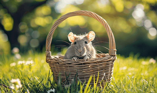 阳光明媚的夏日宠物鼠小飞象坐在公园草地上的柳条篮里