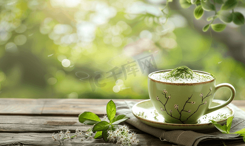 木桌上杯子里的绿茶抹茶拿铁牛奶