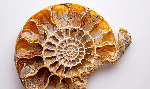 地质纹理摄影照片_分离的化石菊石壳的截止