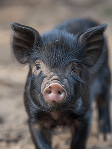猪鼻子摄影照片_可爱黑色小猪脸上的毛茸茸的鼻子
