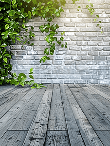 树木纹理背景摄影照片_空木地板与绿色植物与灰色砖墙背景