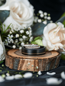 黑色树叶摄影照片_木质底座上的结婚戒指带有黑色戒指盒背景和人造花