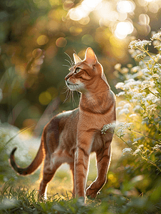 漫步摄影照片_浅黄色的阿比西尼亚猫特写肖像沿着草坪上鲜花漫步