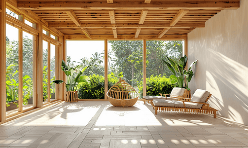 木制村庄度假屋的空大厅阳台内部配有花园椅