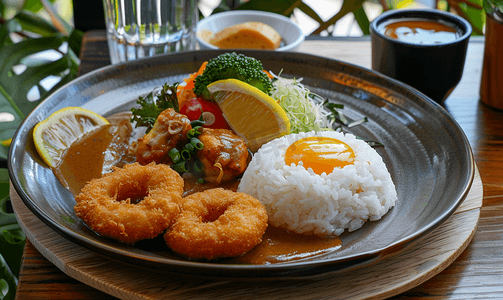 早餐包括日式咖喱饭、柠檬水和甜甜圈