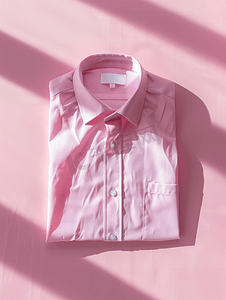 粉色棉质衬衫上的白色洗衣护理洗涤说明衣服标签