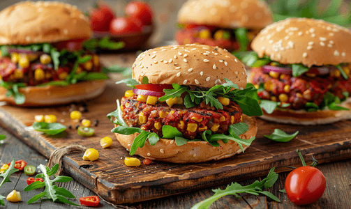 木质背景下的素食汉堡配有玉米沙拉和番茄植物性食品概念