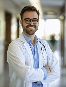 医疗保健 职业医学微笑的男医生穿着白色外套眼镜医院