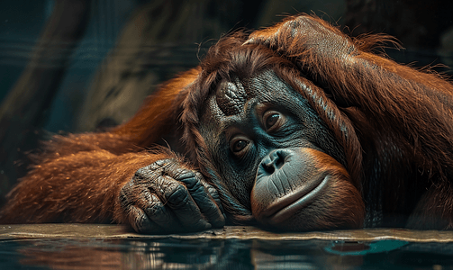 带猩猩头套的摄影照片_墨西哥动物园的猩猩靠在玻璃上一脸悲伤
