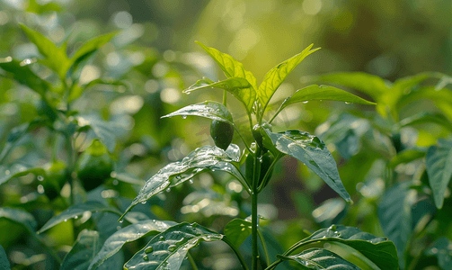 辣椒植株结出果实但仍是绿色的还不是收获的季节