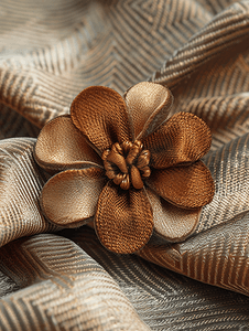 丝绸礼结摄影照片_顶视图棕色皮革和丝绸胸针作为花朵