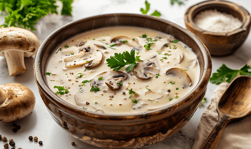 大理石桌上棕色碗中的蘑菇奶油汤配上香草和香料