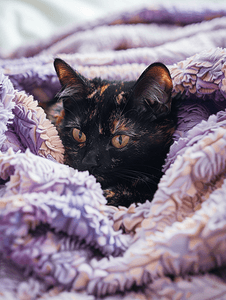 可爱的龟甲猫正躺在床上的紫色毯子上