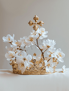 心形的花瓣摄影照片_皇冠上盛开着美丽的白花