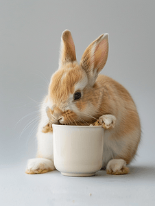 灰色大耳朵兔子摄影照片_兔子从杯子里吃食物