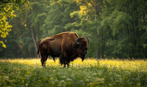 欧洲牧场摄影照片_森林边缘的大野牛