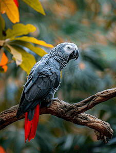 栖息在木栖上的红尾灰鹦鹉
