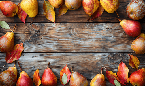 木制背景上成熟梨的秋季图案框架