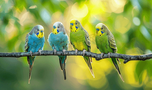 4只长尾小鹦鹉坐在树枝上