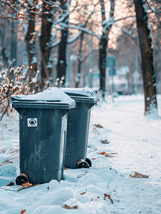 回收垃圾箱摄影照片_冬季户外灰色垃圾桶垃圾箱
