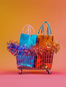 彩色背景上购物篮顶部有螺旋状的金属丝和袋子
