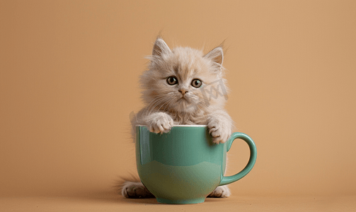 绿色小猫摄影照片_米色背景中一只奶油色的异国小猫正坐在一个绿色的大杯子里