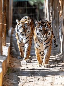 两只孟加拉虎在墨西哥动物园的庇护所内行走