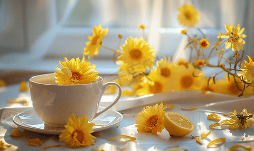 黄色的菊花摄影照片_配柠檬和黄色菊花的早茶